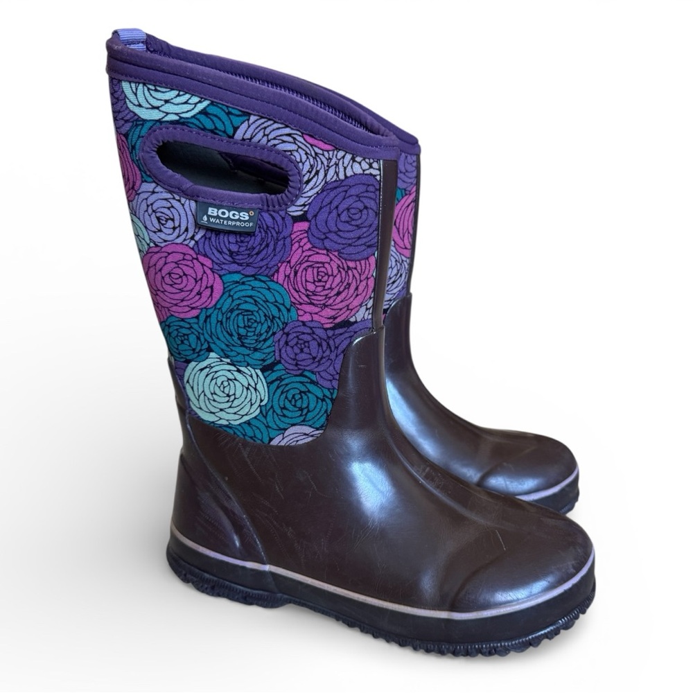 Bogs Classic Rosey Kids Waterproof Snow Boots Warm Insulated Floral Purple 4